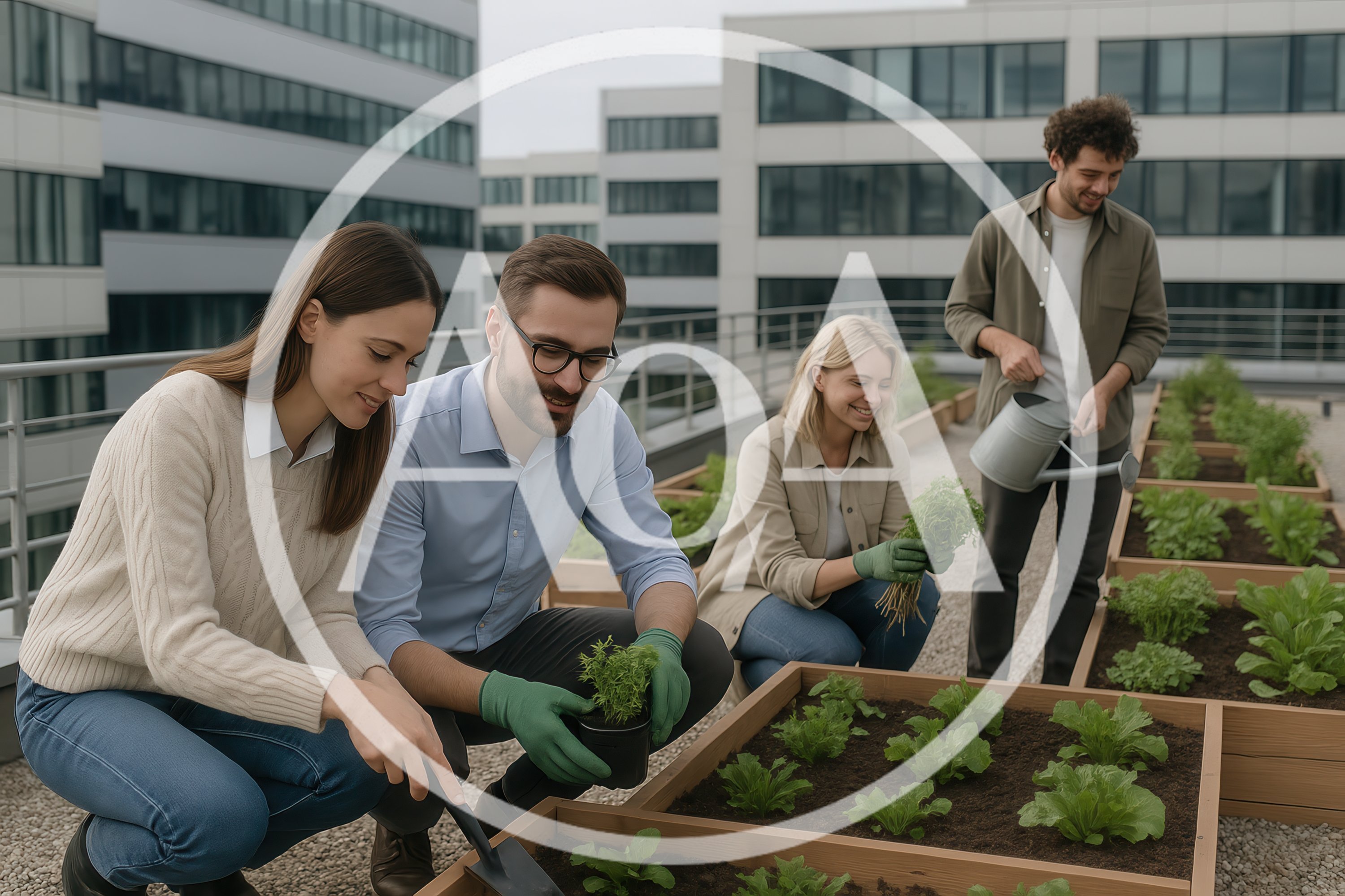 Diverse Team Gardening Together On Urban Rooftop
