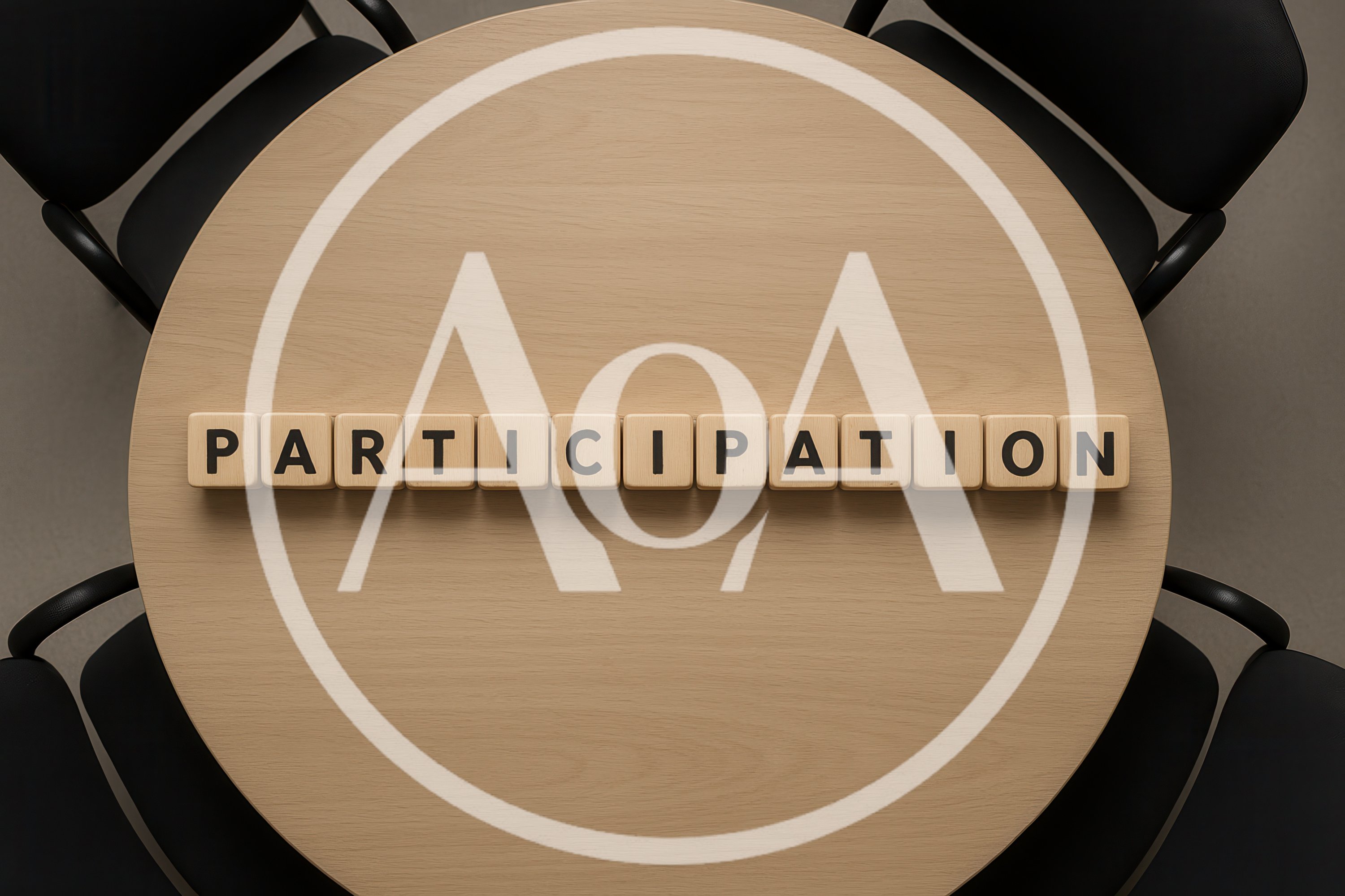 Wooden Blocks Spelling Participation On A Round Meeting Table