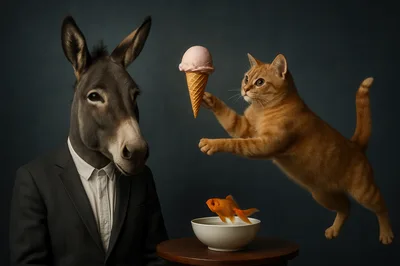 Surreal Portrait Of A Donkey Man And Jumping Cat