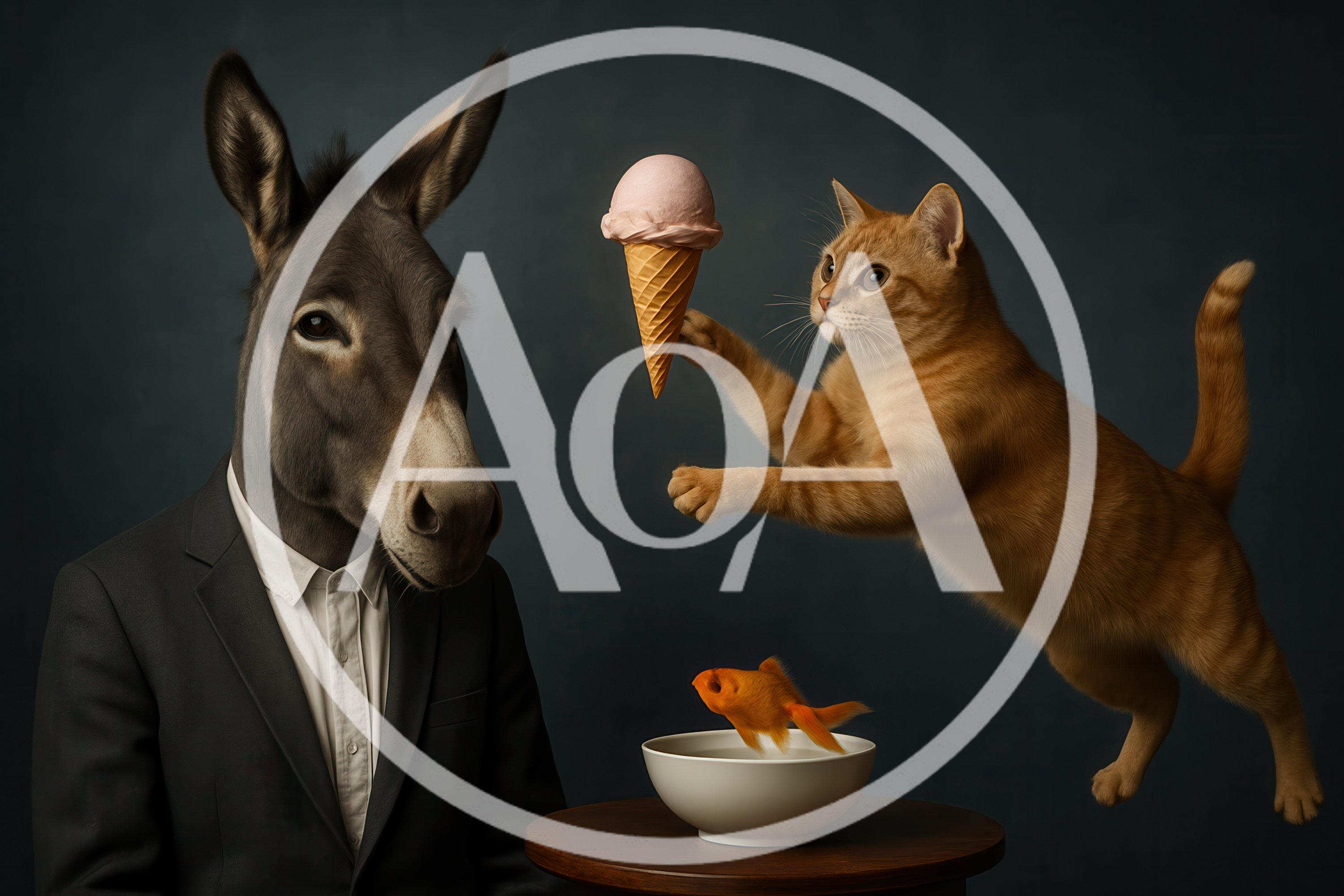 Surreal Portrait Of A Donkey Man And Jumping Cat
