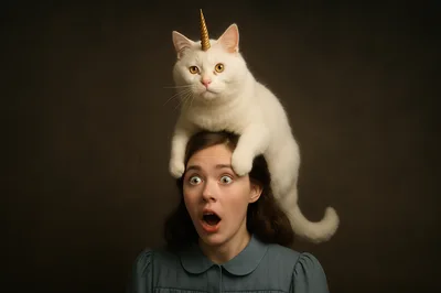 Surprised Young Woman With A White Unicorn Cat