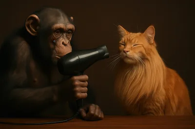 Chimpanzee Using A Hairdryer On An Orange Cat