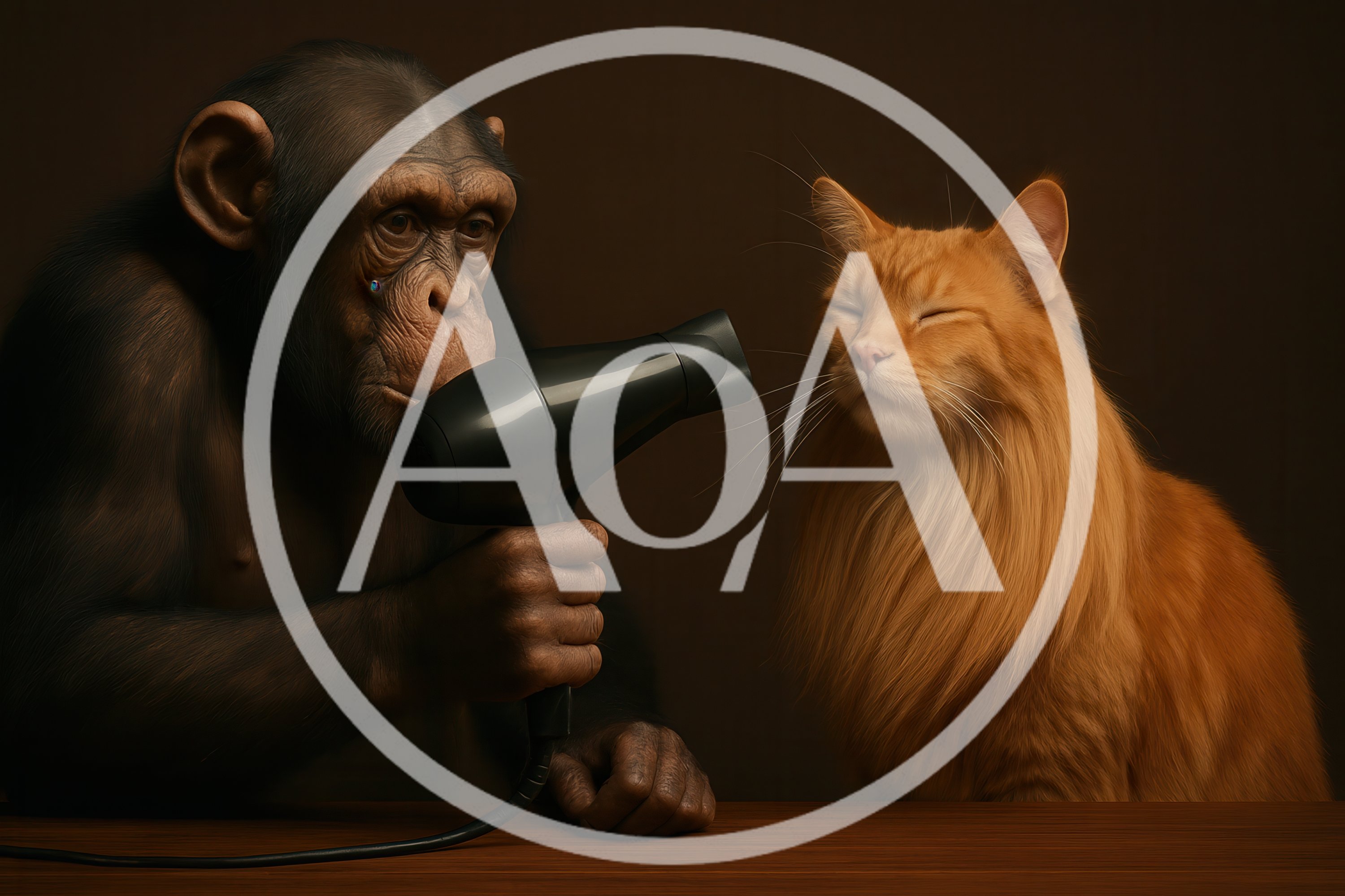 Chimpanzee Using A Hairdryer On An Orange Cat