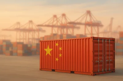 Shipping Container With Chinese Flag At Industrial Port