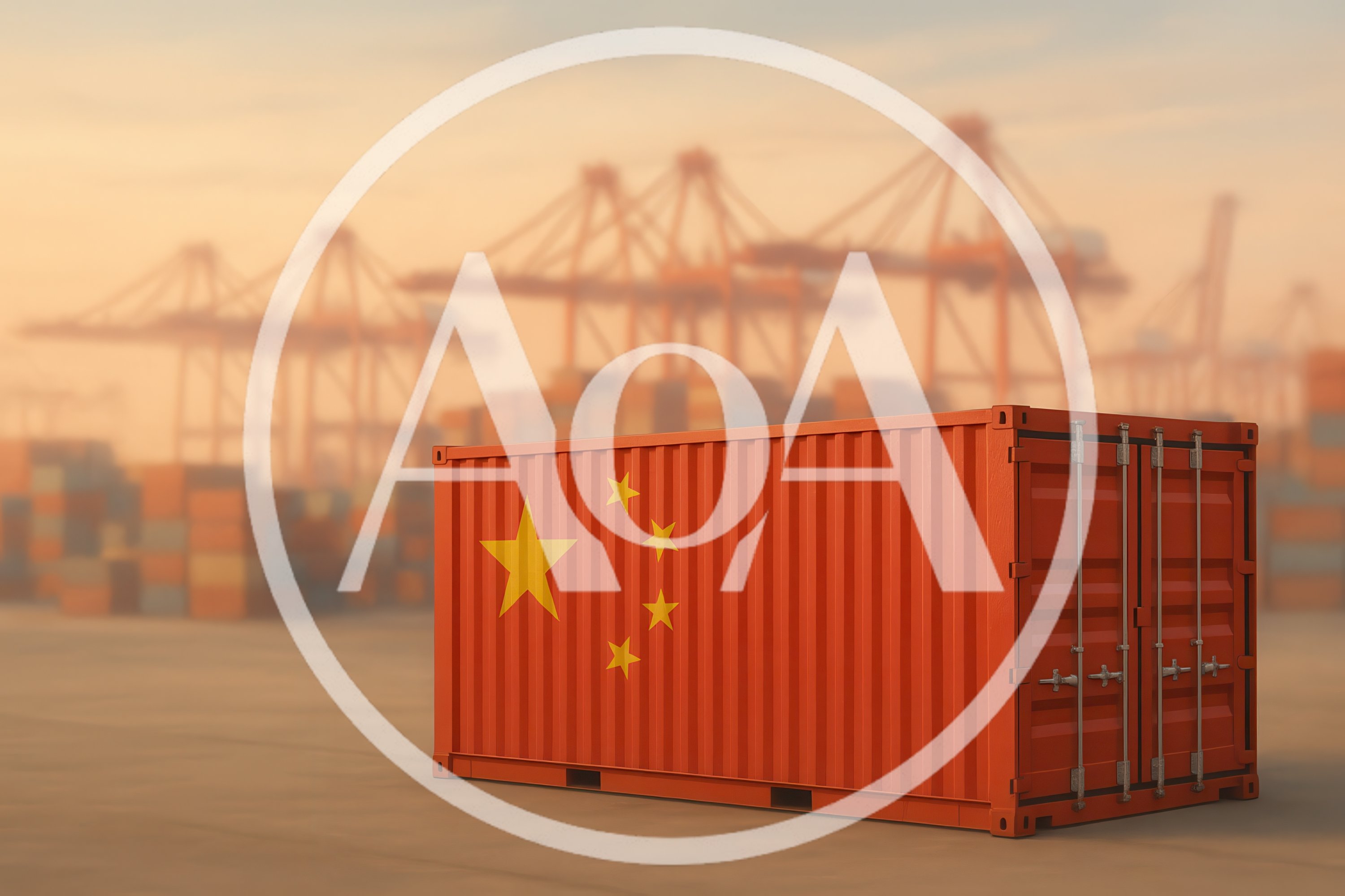 Shipping Container With Chinese Flag At Industrial Port