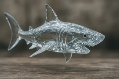 Glass Shark Sculpture Floating Above Wooden Surface