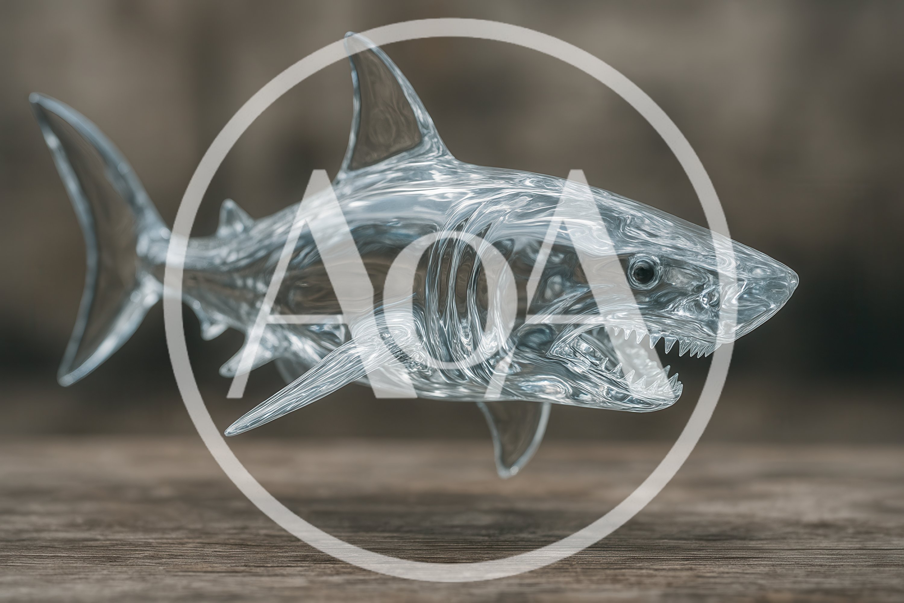 Glass Shark Sculpture Floating Above Wooden Surface
