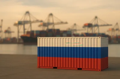 Shipping Container With Russian Flag At Industrial Port