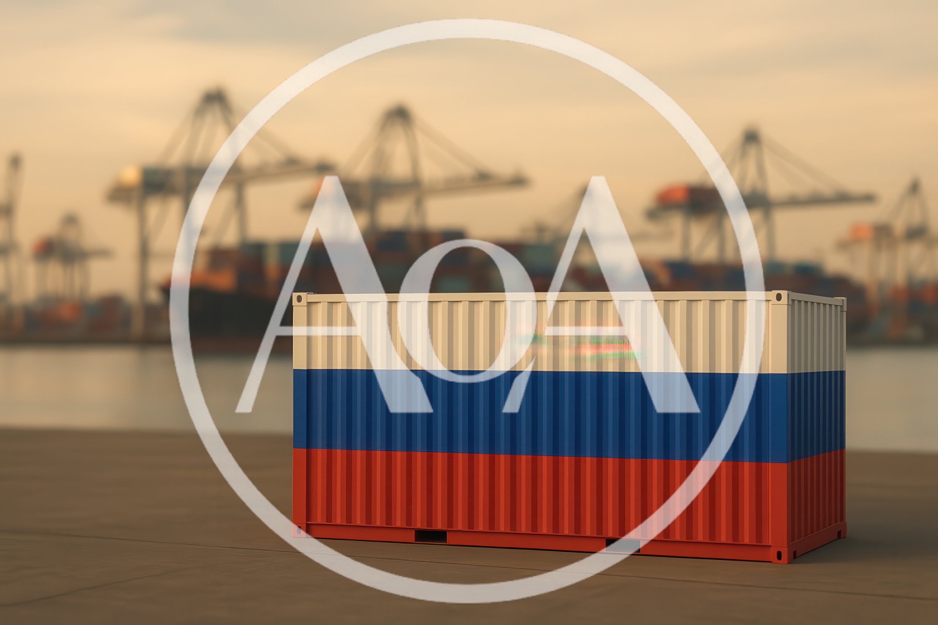 Shipping Container With Russian Flag At Industrial Port
