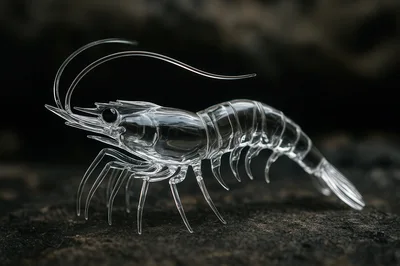 Glass Sculpture Of A Shrimp On Dark Surface