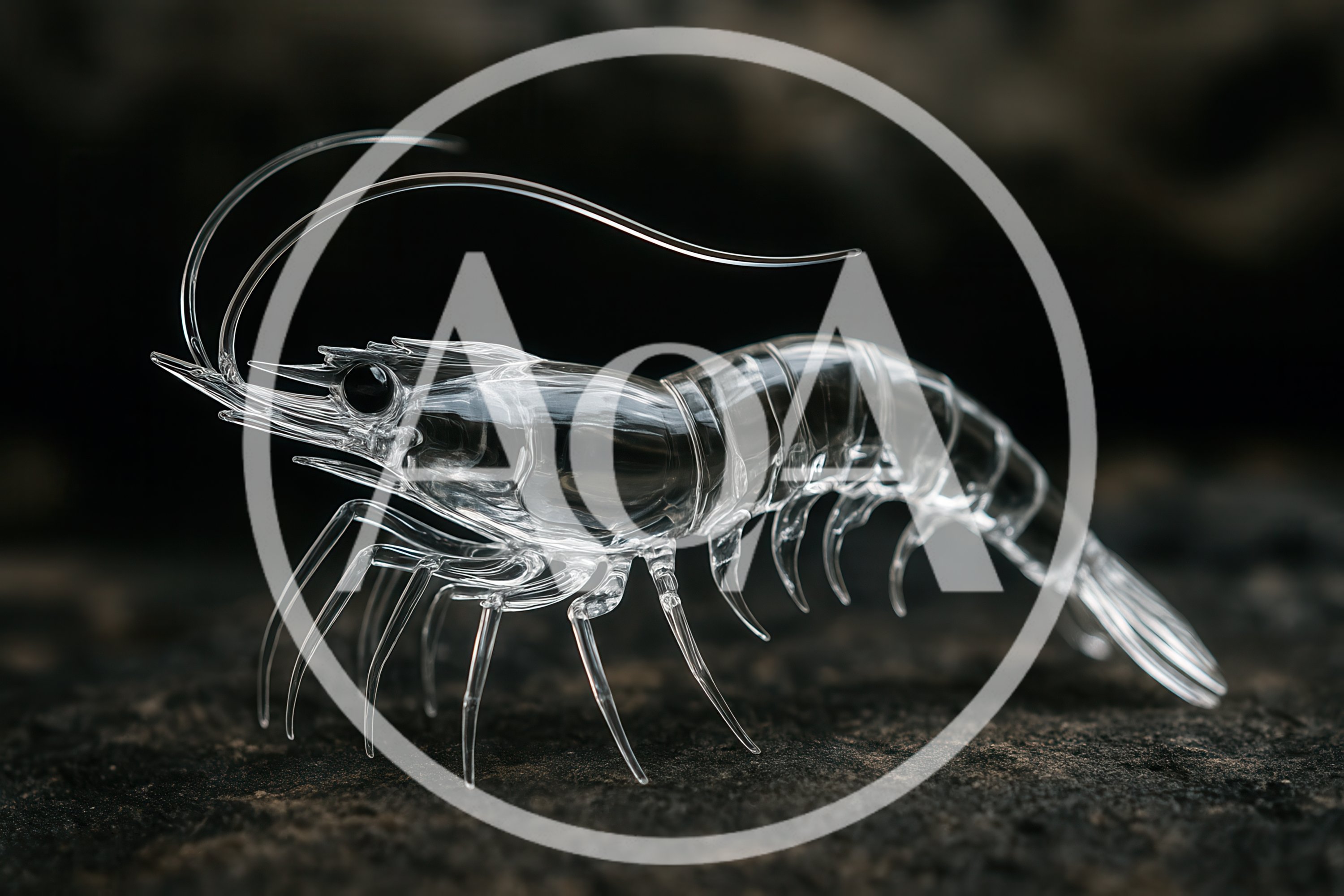 Glass Sculpture Of A Shrimp On Dark Surface