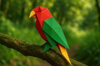 Origami Parrot Perched On A Mossy Tree Branch