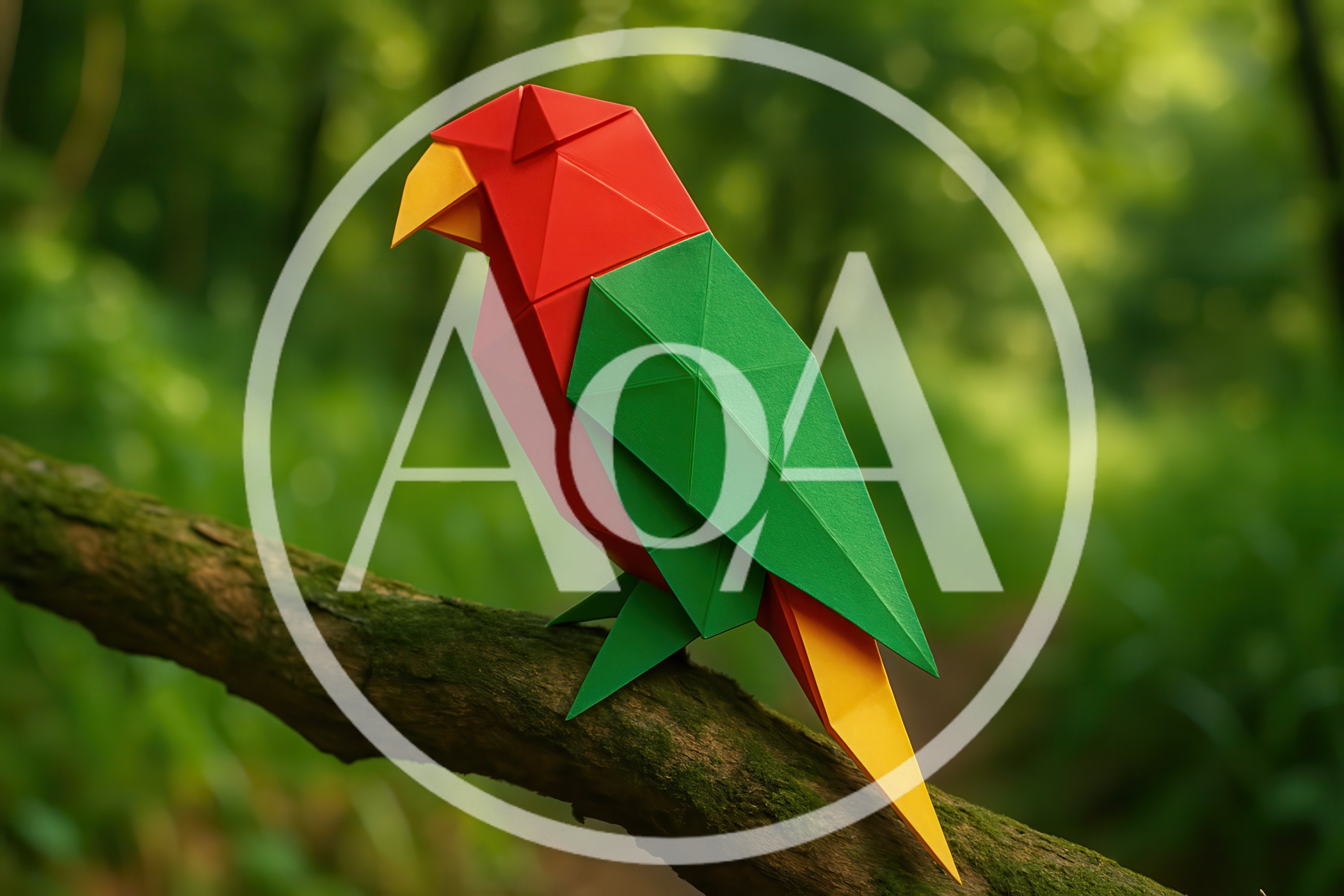 Origami Parrot Perched On A Mossy Tree Branch