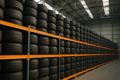 Rows Of Car Tires Stored In A Warehouse