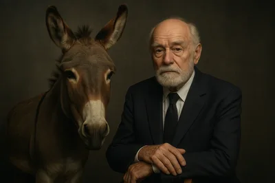 Elderly Man In Suit Posing With A Donkey
