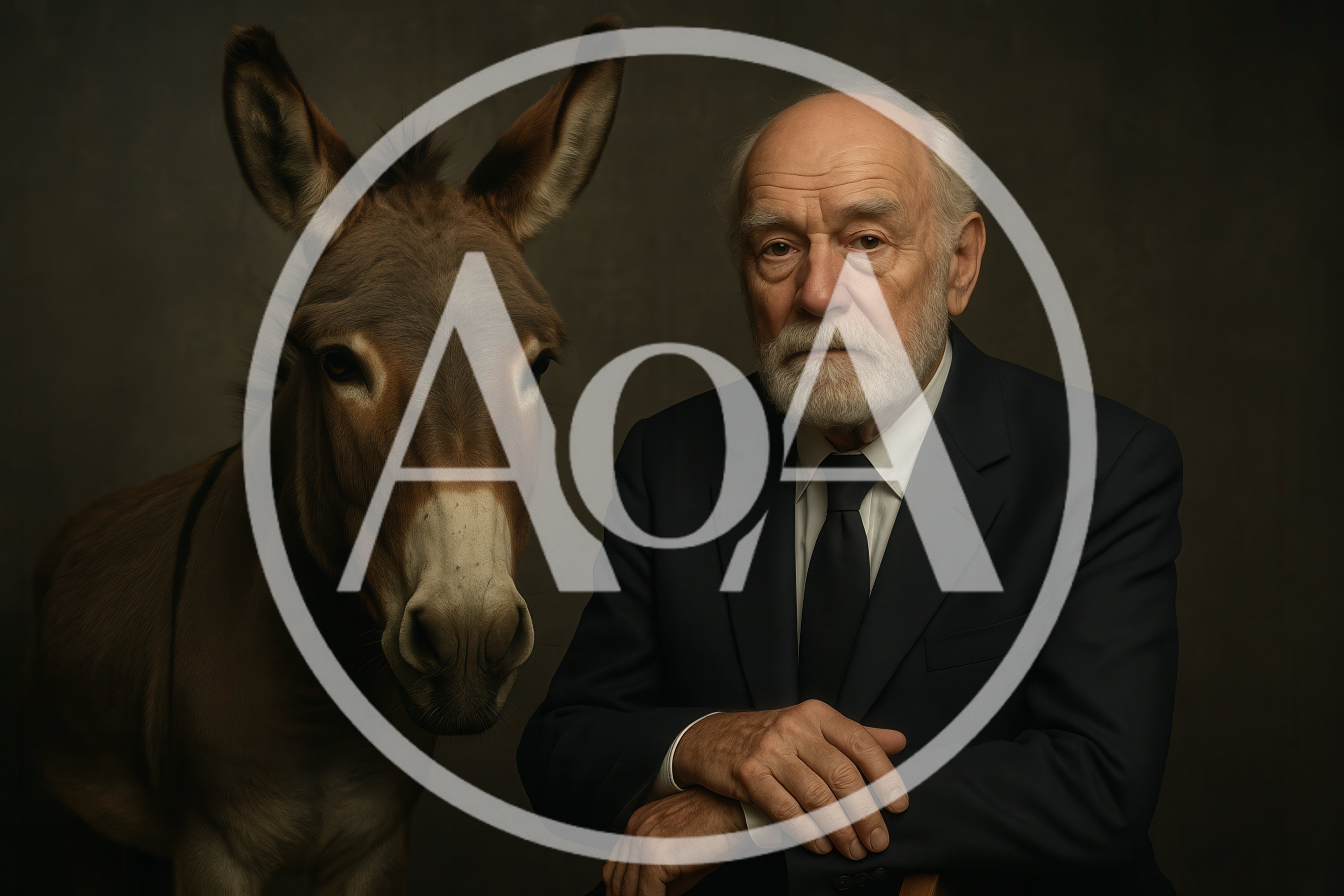 Elderly Man In Suit Posing With A Donkey