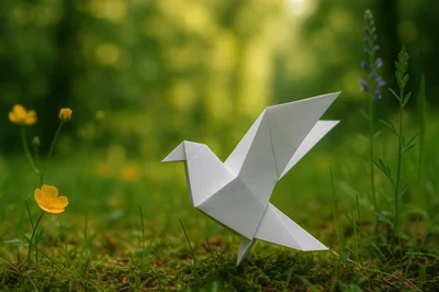 White Origami Paper Bird In A Lush Green Meadow