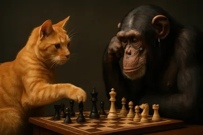 Ginger Cat And Chimpanzee Playing Chess