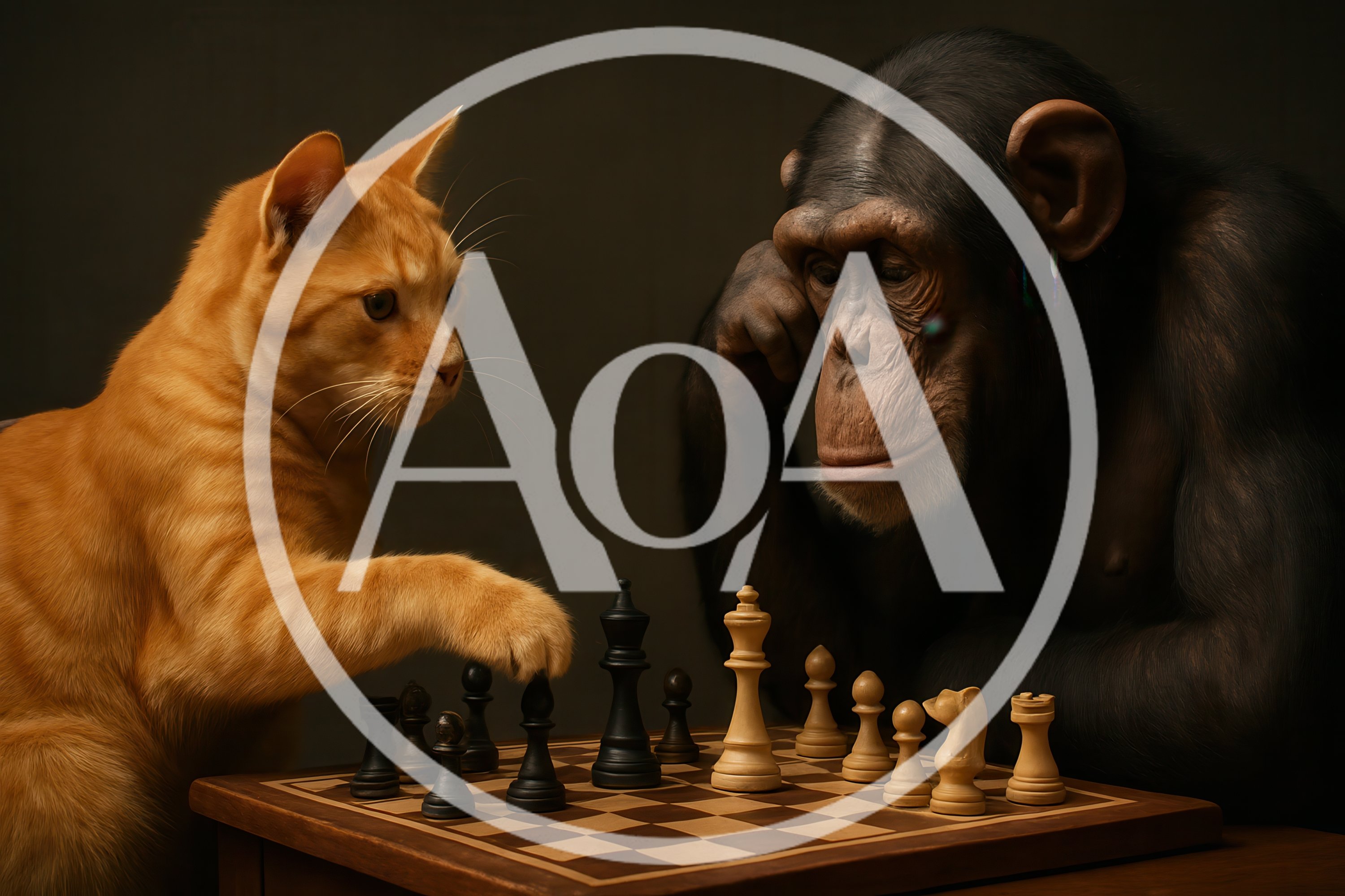 Ginger Cat And Chimpanzee Playing Chess