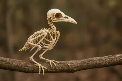 Bird Skeleton Perched on a Tree Branch