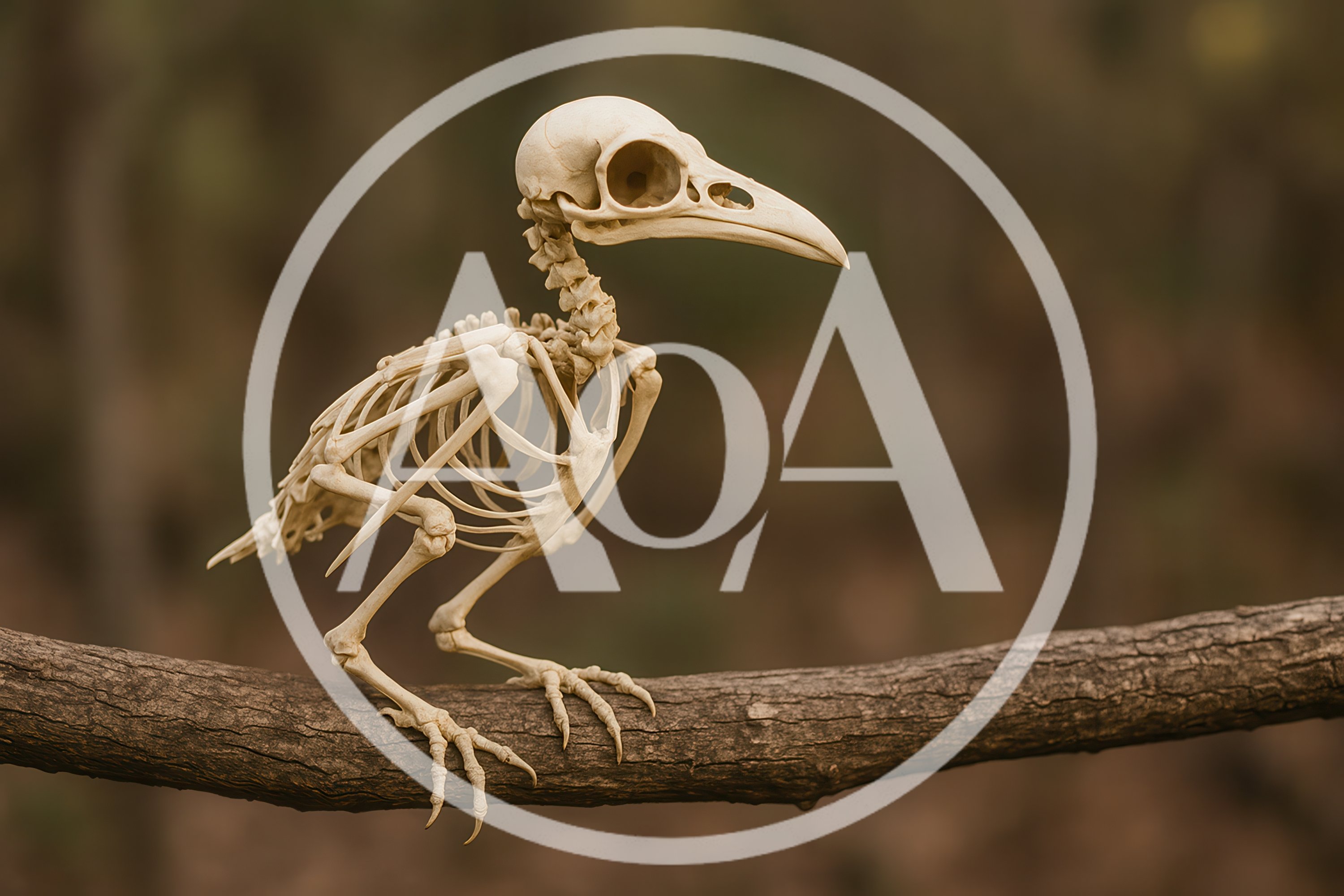 Bird Skeleton Perched on a Tree Branch