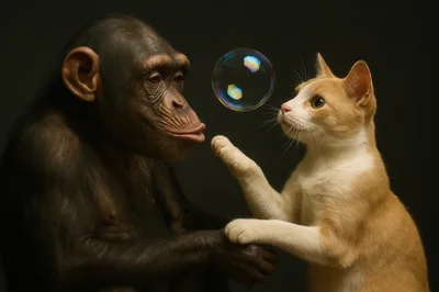 Chimpanzee and Ginger Cat Playing With Soap Bubble