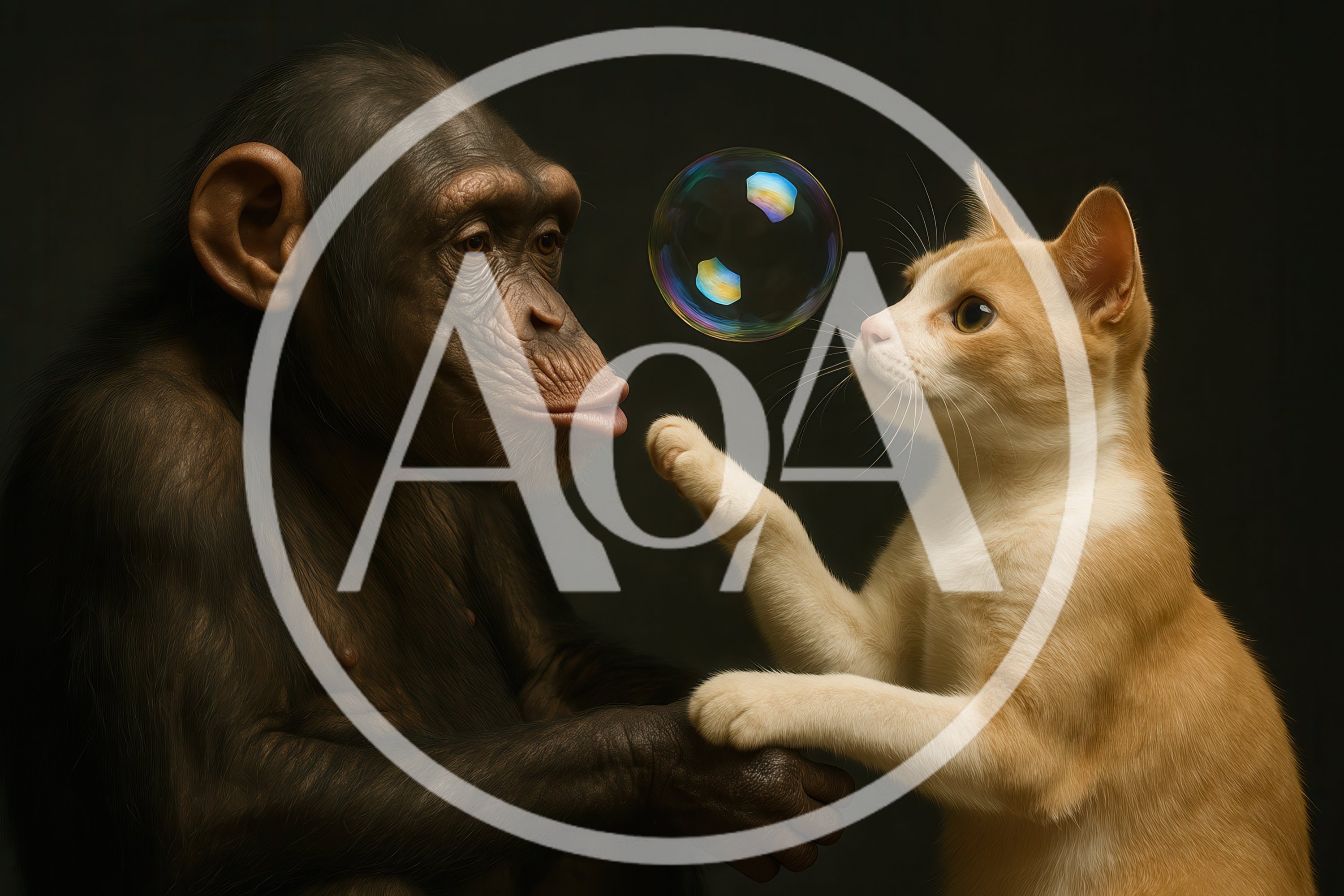 Chimpanzee and Ginger Cat Playing With Soap Bubble
