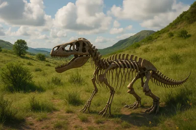 Dinosaur Skeleton Standing In A Grassy Mountain Landscape