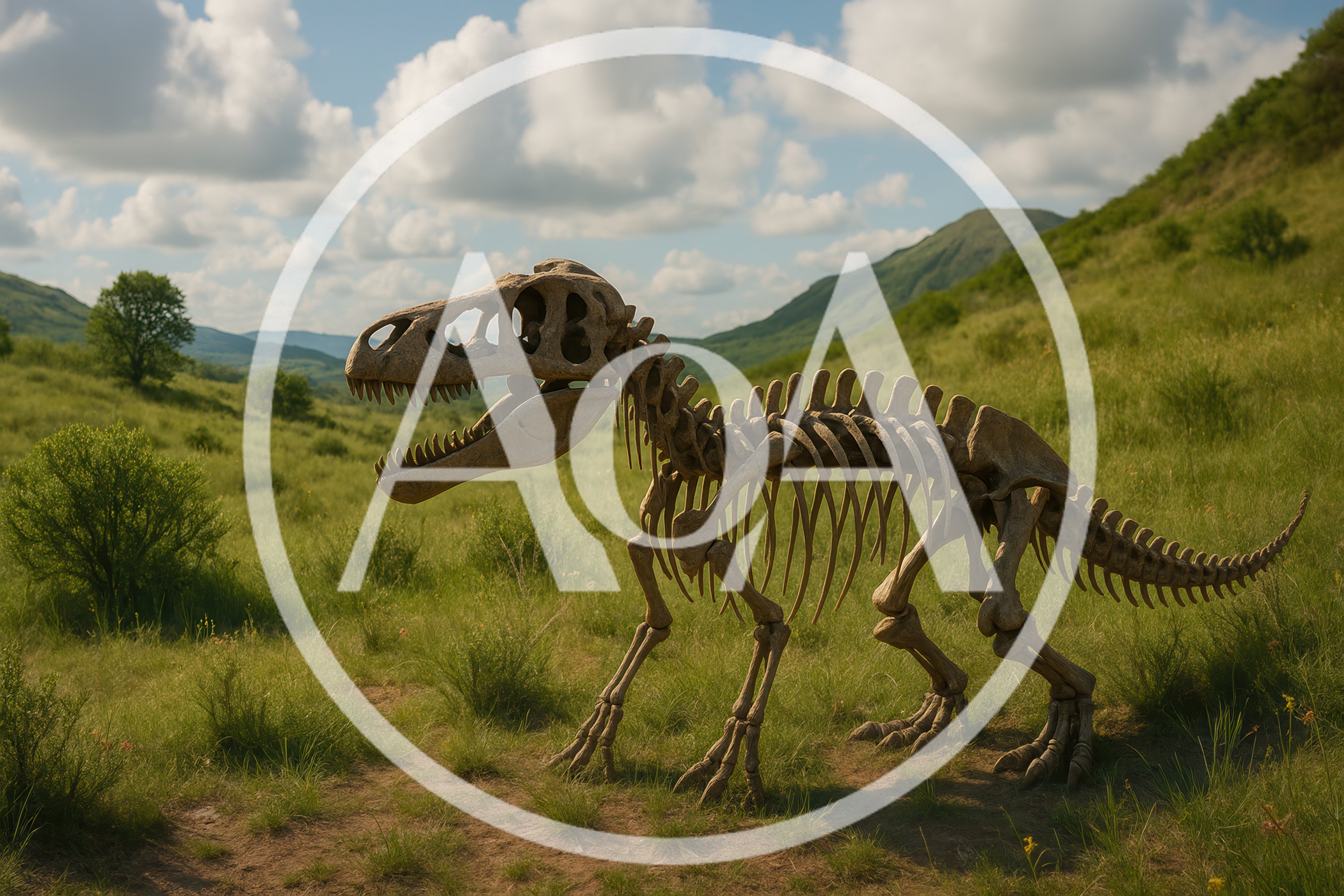 Dinosaur Skeleton Standing In A Grassy Mountain Landscape