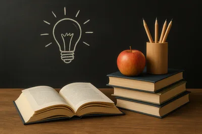 Open Book With Stack Of Books And Apple