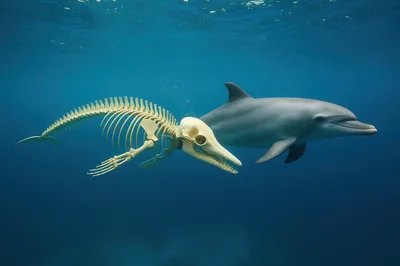 Dolphin Swimming Alongside Its Own Skeletal Remains