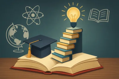 Graduation Cap And Books With Glowing Lightbulb