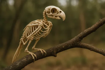 Bird Skeleton Perched On A Tree Branch