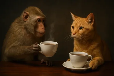 Monkey and Ginger Cat Having Coffee Together