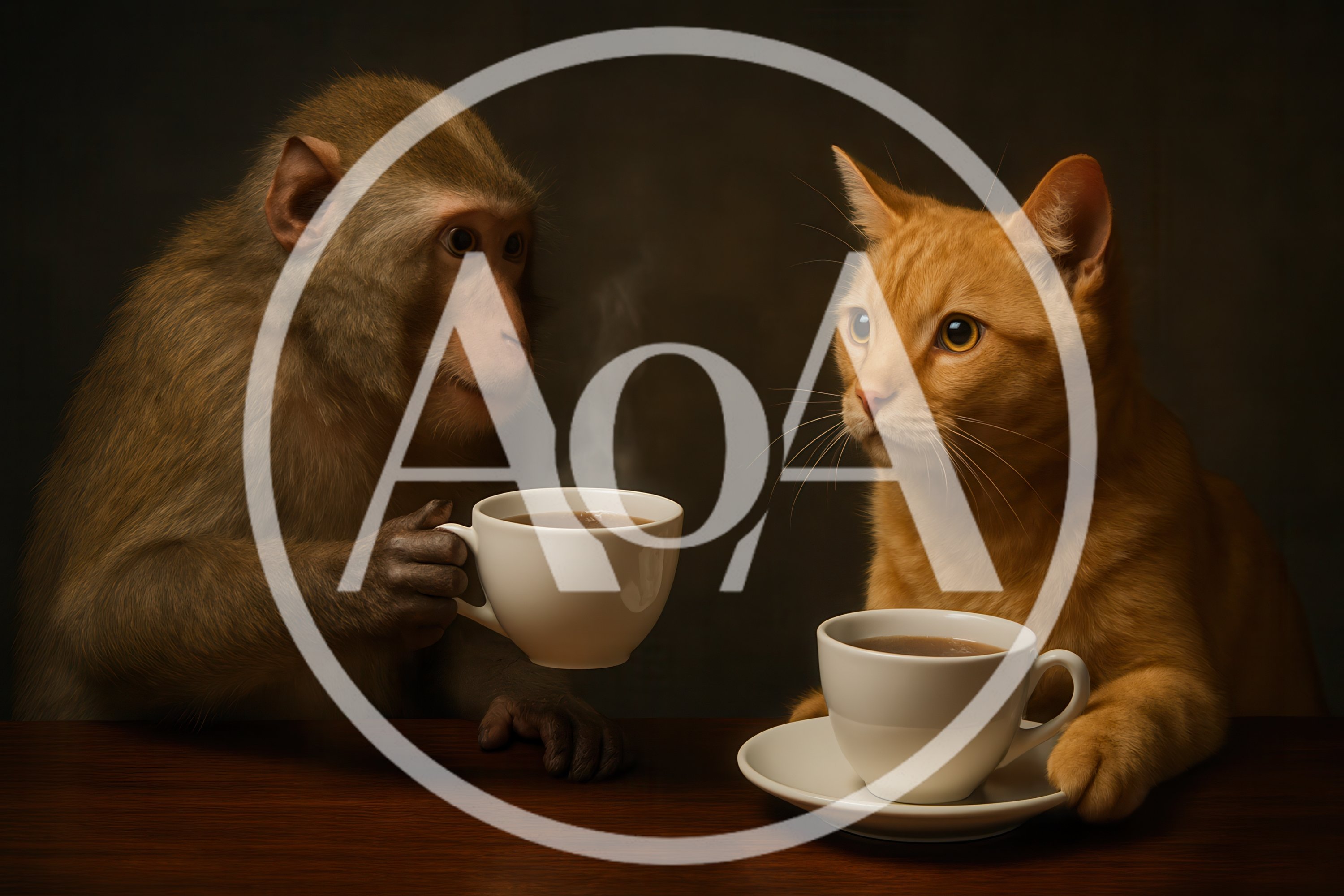 Monkey and Ginger Cat Having Coffee Together