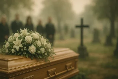 Wooden Casket With Floral Arrangement At A Funeral