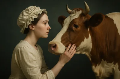 Young Woman In Historical Attire Touching A Cow