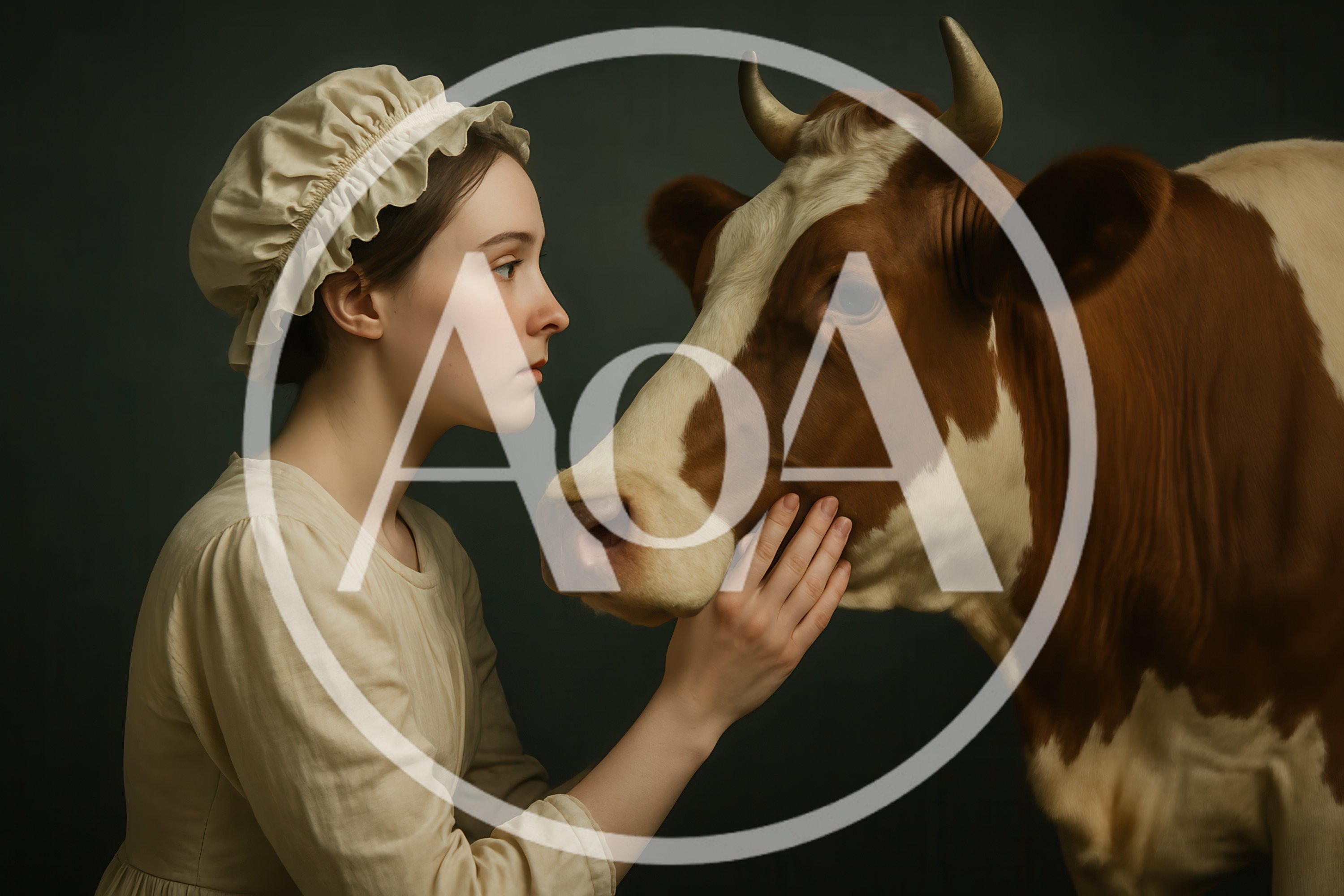 Young Woman In Historical Attire Touching A Cow