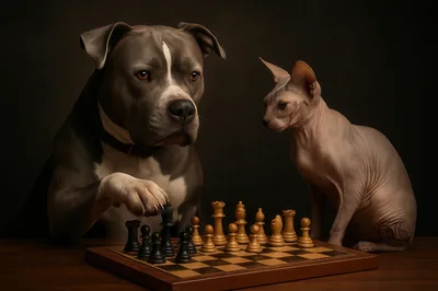 Pit Bull and Sphynx Cat Playing Chess