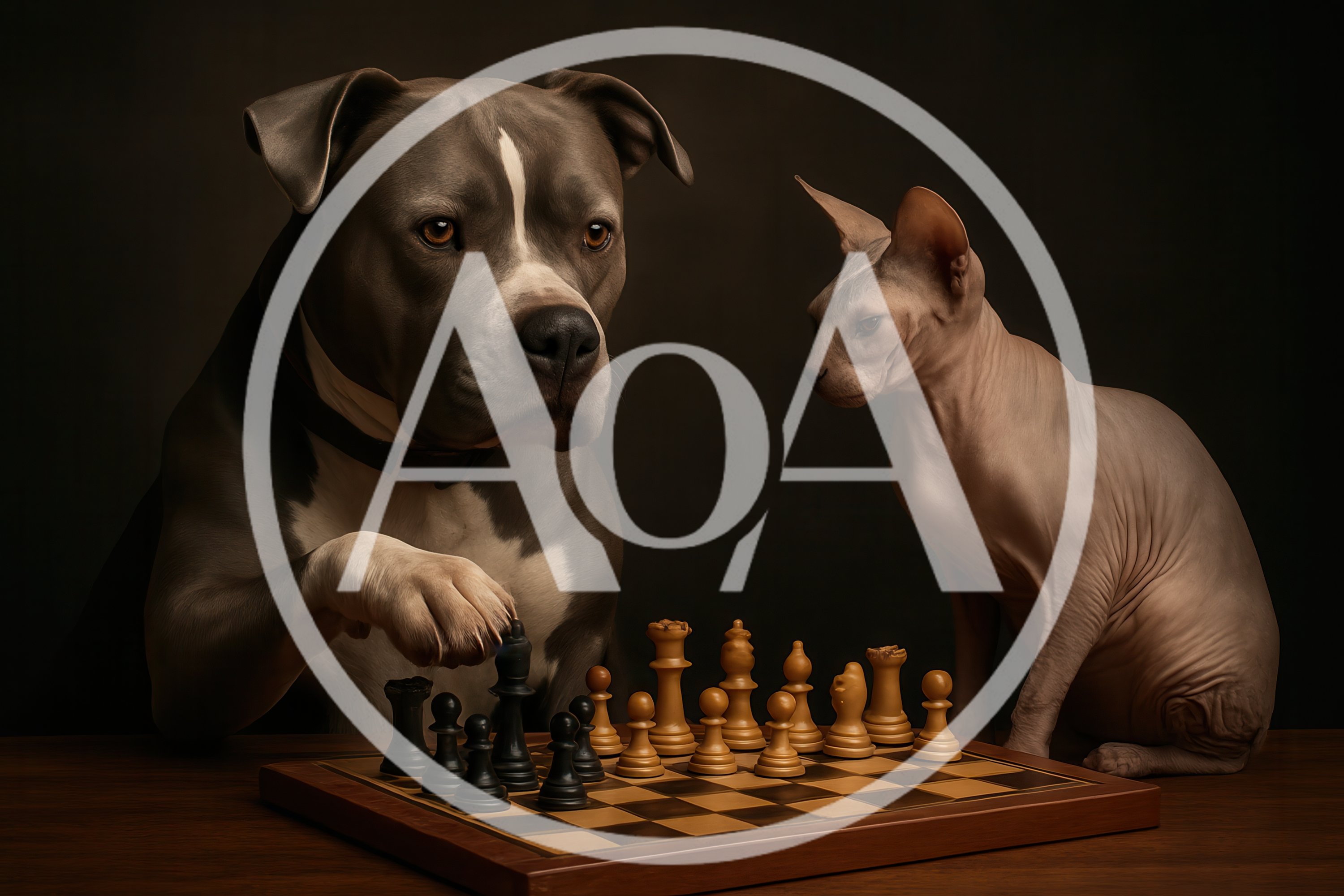Pit Bull and Sphynx Cat Playing Chess