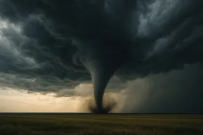 Massive Tornado Touching Down Over Open Prairie Field