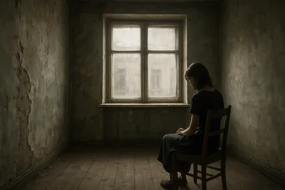 Woman Sitting Alone In A Dimly Lit Empty Room