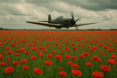 Vintage Fighter Plane Flying Over A Poppy Field