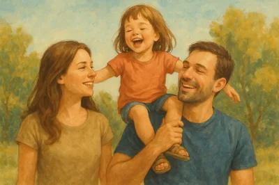 Happy Family With Daughter On Shoulders