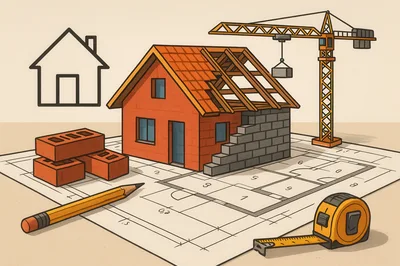Construction Blueprint With Model House And Tools