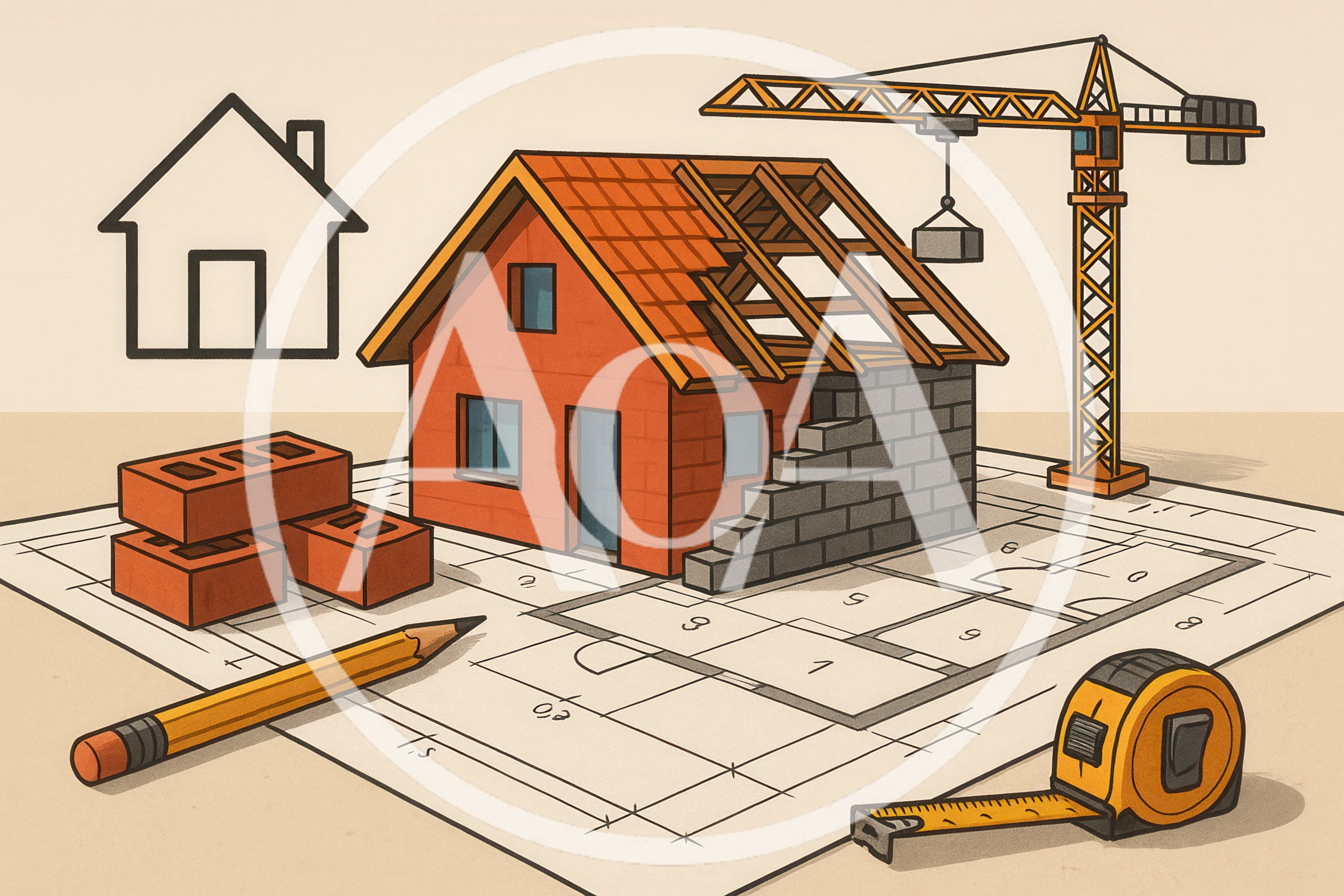 Construction Blueprint With Model House And Tools