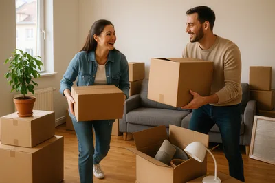 Happy Couple Moving Into New Apartment With Cardboard Boxes