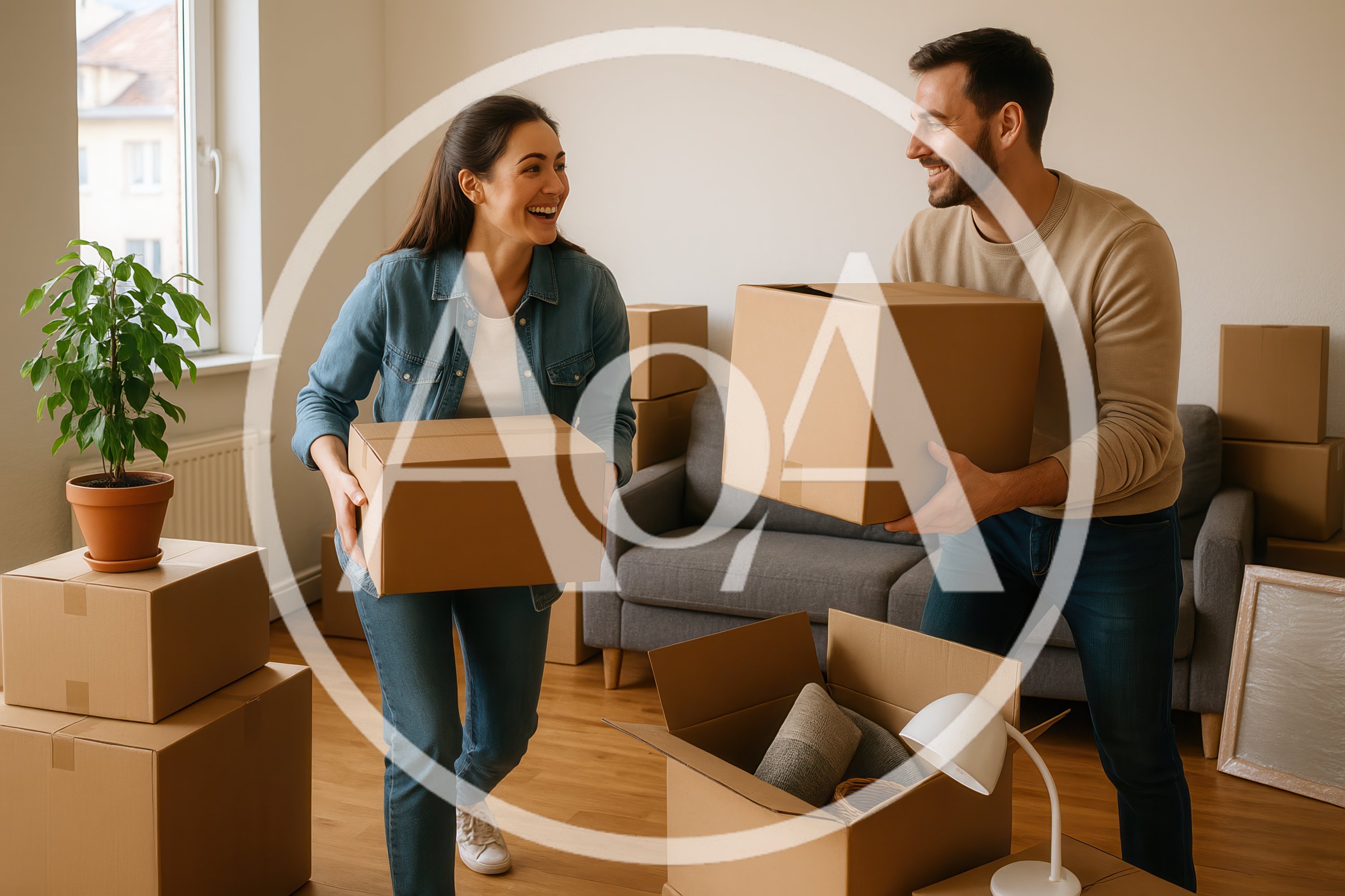 Happy Couple Moving Into New Apartment With Cardboard Boxes
