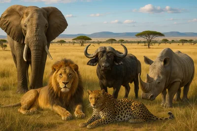 African Big Five Animals Standing Together in Savanna