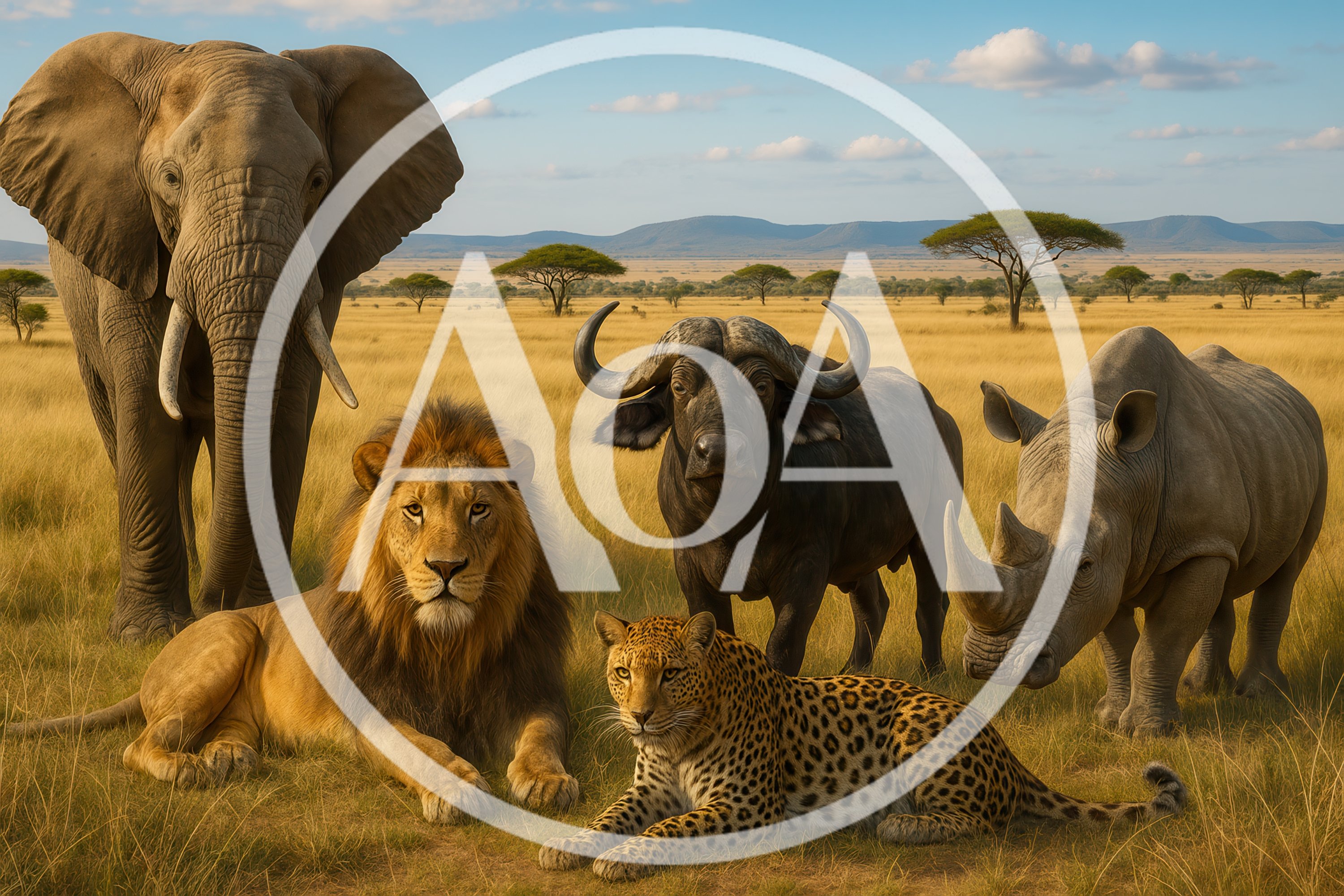 African Big Five Animals Standing Together in Savanna
